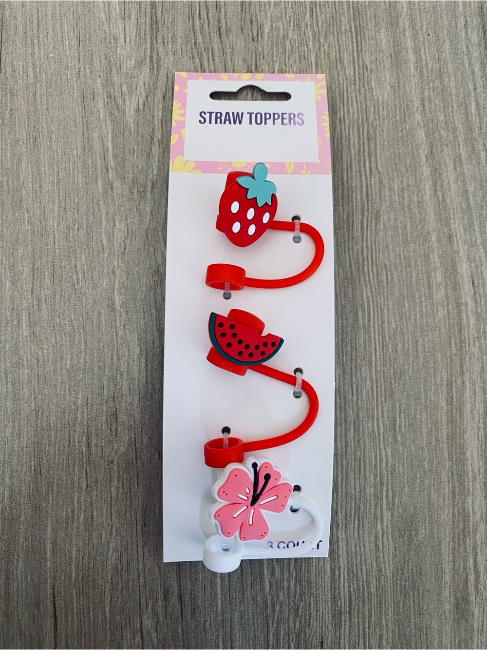 NWT Silicone Straw Toppers Covers 3 Pk Strawberry Fruit Back to School